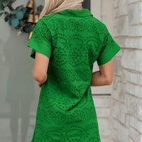 Rose Red Solid Color Eyelet Embroidered T Shirt Mini Dress