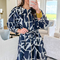 Blue Abstract Geometric Print Zip Front Tie Waist Shift Dress