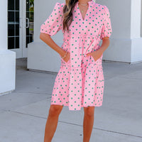 Pink Polka Dot Print V Neck Short Sleeve Tiered Mini Dress