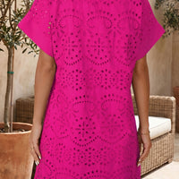 Rose Red Solid Color Eyelet Embroidered T Shirt Mini Dress