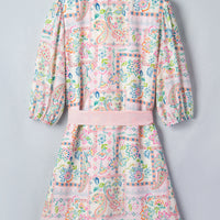 Pink Boho Floral Print Color Block Trim Half Button Belted Mini Dress
