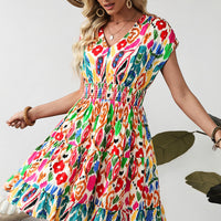 Sky Blue Abstract Print V Neck Dolman Sleeve Ruffle Tiered Mini Dress