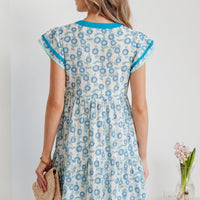Red Floral Print Contrast Trim Flutter Sleeve Mini Dress