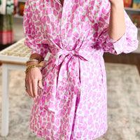 Pink Abstract Leopard Print Tie Waist Puff Sleeve Mini Shirt Dress