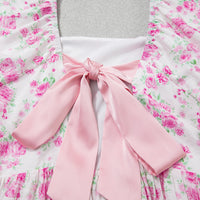 Pink Floral Print Square Neck Ribbon Knot Back Cute Mini Dress