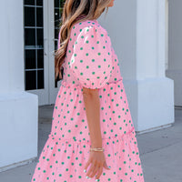 Pink Polka Dot Print V Neck Short Sleeve Tiered Mini Dress