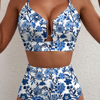 Blue Floral Print Hardware Accent Notched Neck High Waist Bikini Set