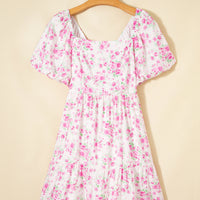 Pink Floral Print Square Neck Ribbon Knot Back Cute Mini Dress