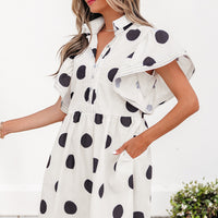 White Polka Dot Print Half Button Ruffled Short Sleeve Loose Mini Dress