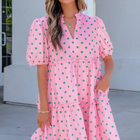 Pink Polka Dot Print V Neck Short Sleeve Tiered Mini Dress