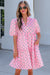 Pink Polka Dot Print V Neck Short Sleeve Tiered Mini Dress