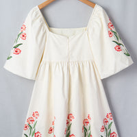 Beige Floral Print Puff Sleeve Babydoll Dress