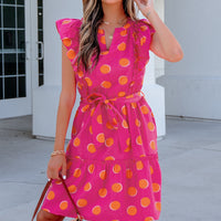 Rose Double Polka Dot V Neck Ruffled Short Sleeve Dress