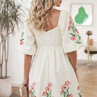 Beige Floral Print Puff Sleeve Babydoll Dress