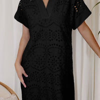 Rose Red Solid Color Eyelet Embroidered T Shirt Mini Dress