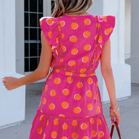 Rose Double Polka Dot V Neck Ruffled Short Sleeve Dress