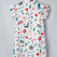 White Western Print Flutter Sleeve Button Down Mini Dress
