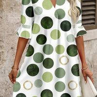 Green Polka Dot Print Flounced Half Sleeve Casual Vacation Style Mini Dress