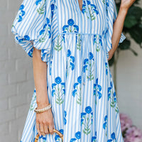 Pink Floral Striped Print Tie Notched Neck Puff Sleeve Flared Mini Dress
