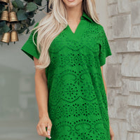 Rose Red Solid Color Eyelet Embroidered T Shirt Mini Dress