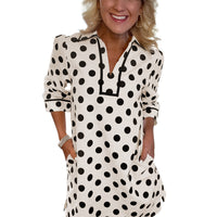 White Polka Dot Half Sleeve Collar V Neck Pocketed Casual Mini Dress