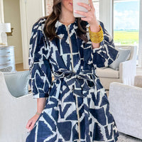 Blue Abstract Geometric Print Zip Front Tie Waist Shift Dress
