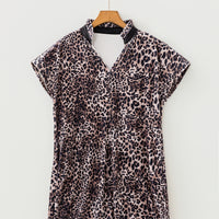 Brown Leopard Print Short Sleeve Mini Shift Silhouette Dress
