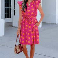 Rose Double Polka Dot V Neck Ruffled Short Sleeve Dress