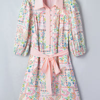 Pink Boho Floral Print Color Block Trim Half Button Belted Mini Dress