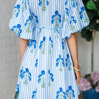 Pink Floral Striped Print Tie Notched Neck Puff Sleeve Flared Mini Dress