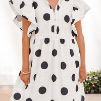 White Polka Dot Print Half Button Ruffled Short Sleeve Loose Mini Dress