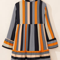 Black Striped Polka Dot Print Ruffled Hem V Neck Mini Dress