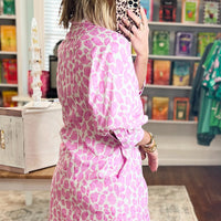 Pink Abstract Leopard Print Tie Waist Puff Sleeve Mini Shirt Dress