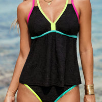 Black Floral Textured Neon Trim V Neck Crisscross Backless Tankini Set