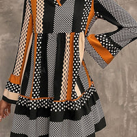 Black Striped Polka Dot Print Ruffled Hem V Neck Mini Dress