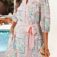 Pink Boho Floral Print Color Block Trim Half Button Belted Mini Dress