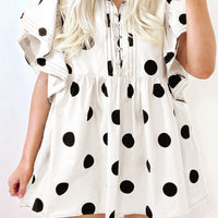 White Polka Dot Print Half Button Ruffled Short Sleeve Loose Mini Dress