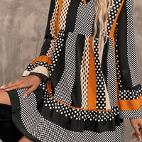 Black Striped Polka Dot Print Ruffled Hem V Neck Mini Dress
