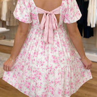 Pink Floral Print Square Neck Ribbon Knot Back Cute Mini Dress