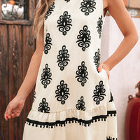Beige Geometric Printed Sleeveless Hollowed Bowknot Back Mini Dress