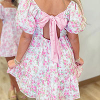 Pink Floral Print Square Neck Ribbon Knot Back Cute Mini Dress