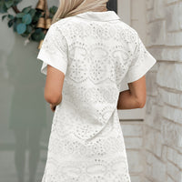 Rose Red Solid Color Eyelet Embroidered T Shirt Mini Dress