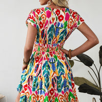 Sky Blue Abstract Print V Neck Dolman Sleeve Ruffle Tiered Mini Dress