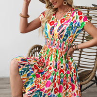 Sky Blue Abstract Print V Neck Dolman Sleeve Ruffle Tiered Mini Dress