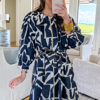 Blue Abstract Geometric Print Zip Front Tie Waist Shift Dress