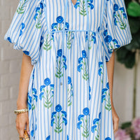 Pink Floral Striped Print Tie Notched Neck Puff Sleeve Flared Mini Dress