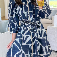 Blue Abstract Geometric Print Zip Front Tie Waist Shift Dress