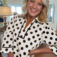 White Polka Dot Half Sleeve Collar V Neck Pocketed Casual Mini Dress