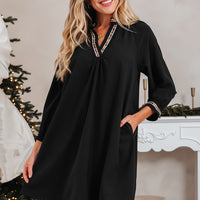Black Contrast Trim V Neck Bracelet Sleeve Shift Mini Dress