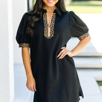 Black Leopard Patchwork Zip Collared Short Puff Sleeve Shift Mini Dress